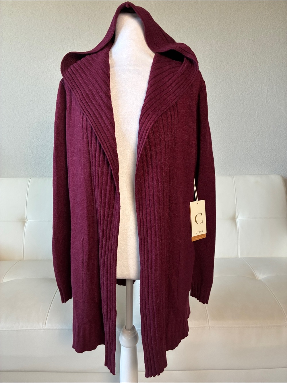 Cyrus Hooded Open-Front Ribbed Knit Cardigan - Burgundy